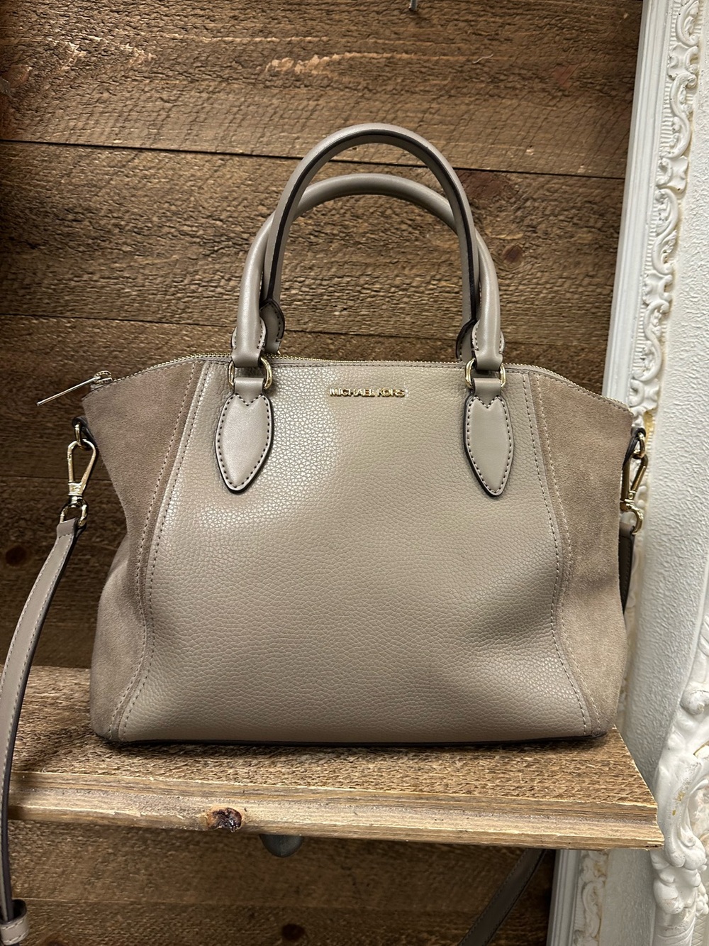 Michael Kors Taupe Pebbled Leather & Suede Satchel Crossbody Bag - Picture 1 of 8